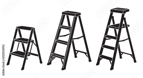 Three stepladders in black silhouette against a white background silhouette