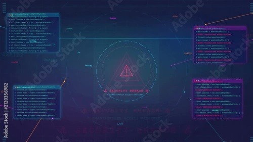 Futuristic Cyber Security Breach Alert with Hacking Code and Warning Symbols