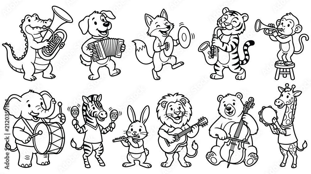 Obraz premium Cute cartoon animals playing musical instruments in marching band set.