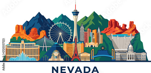 Colorful stylized skyline illustration of nevada state landmarks featuring famous casinos and natural desert mountain landscapes