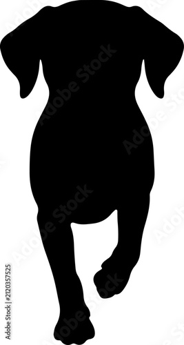 Black Silhouette of a Loyal Pet Dog Sitting Down Facing Forward Isolated on White Background for Graphic Design