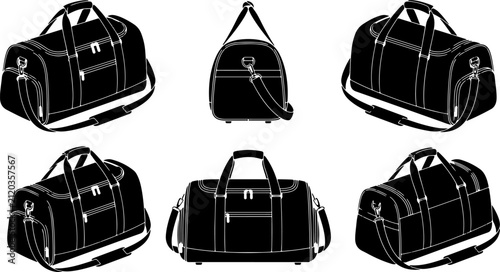 Collection of black and white vector illustrations of duffel bags and luggage, showcasing various angles and styles of travel gear