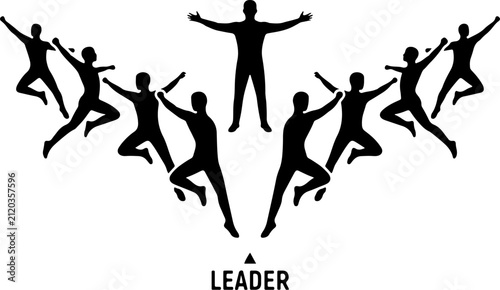 Group of happy silhouettes jumping together with a central leader creating a V-shape formation symbolizing teamwork, success, and motivation