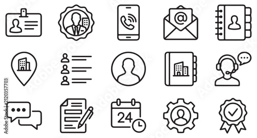 Business Contact Us and Customer Support Vector Line Icons Set for Office Directory, Communication, Phone Call, and User Service