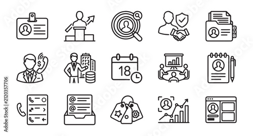 Human Resources, Business Contact Us, Career Development, and Corporate Management Vector Line Icons Set for Recruitment, Networking, and Office Services