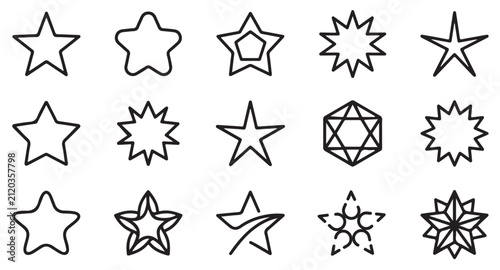 Star Shapes and Rating Symbol Vector Line Icons Set for Quality Evaluation, Favorite Bookmark, Achievement Badge, and Award Design