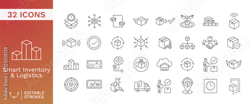Smart Inventory and Logistics Icon Set featuring 32 Editable Line Icons for Supply Chain Management, Warehouse Automation, and Global Delivery Tracking Systems