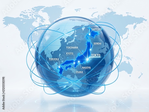 世界地図と日本の都市がグローバルネットワークで繋がる地球儀