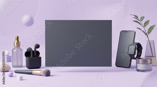 Blank slate card on pastel purple background. Mockup for beauty products and tech gadgets.