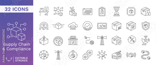 Supply Chain and Compliance Icon Set for Food Industry Logistics, Global Distribution, Quality Control, and Sustainable Sourcing Management with Editable Strokes