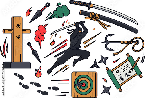 Принти на полотні Ninja warrior character with traditional weapons and equipment set japanese assa