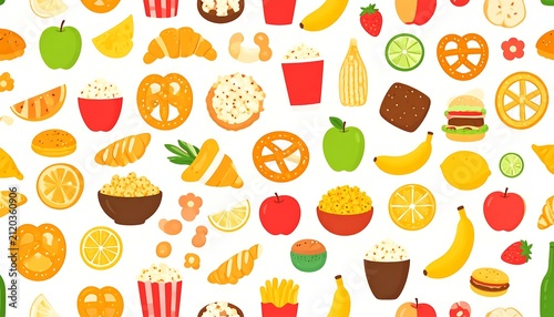 Colorful abstract pattern with various food icons and symbols.