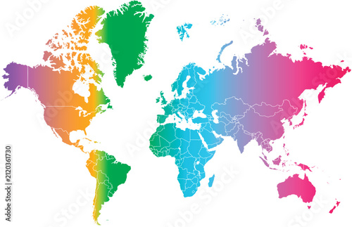 Colorful World Map Vector, Global Continents, International Geography, Digital Art