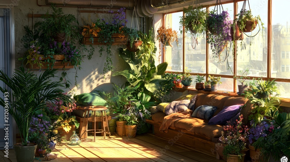 Fototapeta premium Cozy Indoor Garden with Abundant Greenery and Sunlight Filtering Through Window in a Serene Living Space