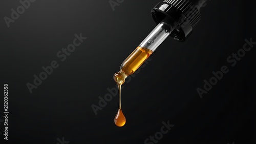 Macro close-up of a glass dropper dispensing a golden liquid oil against a dark black background