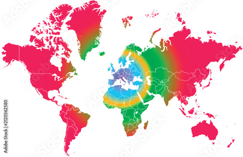 Global Heatmap World Map, Vibrant Color Zones, Digital Data Visualization, International Business