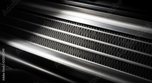 Metallic intercooler fins close up showing industrial engineering design