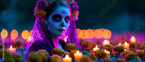Woman in colorful skull makeup surrounded by flowers and candles