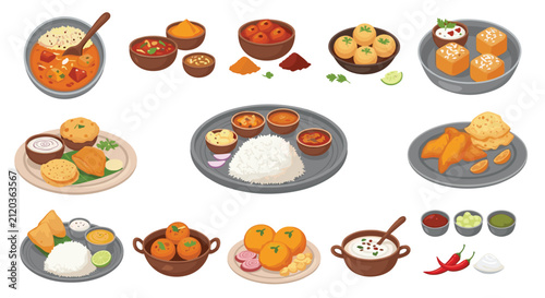 Comprehensive collection of traditional Indian cuisine dishes, curries, appetizers, and side sauces isolated on a white background.
