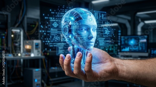 Business professional holding digital brain hologram for AI innovation. Futuristic tech leader using augmented reality interface for smart solutions.
