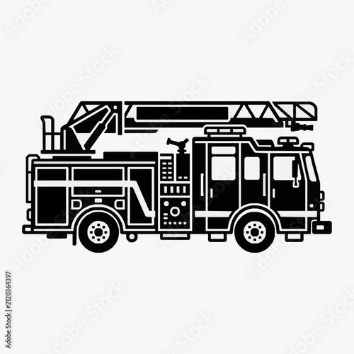 Foto Sleek Black and White Line Art of a Fire Truck with Extendable Ladder and Emerge