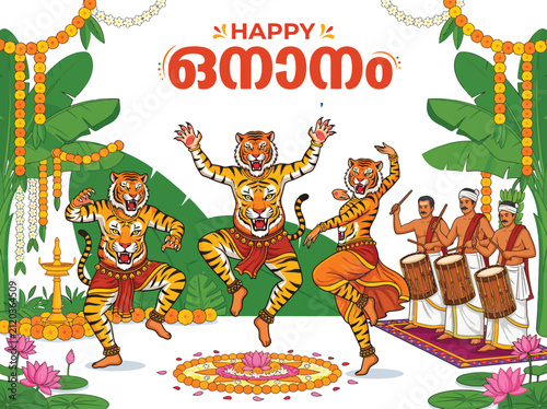 Happy onam festival illustration with tiger dancers and traditional music performers in colorful style