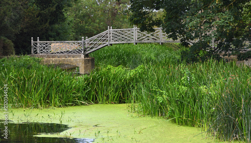 Chinese-style wooden bridge located in the gardens of Island Hall in Godmanchester, Cambridgeshire.
