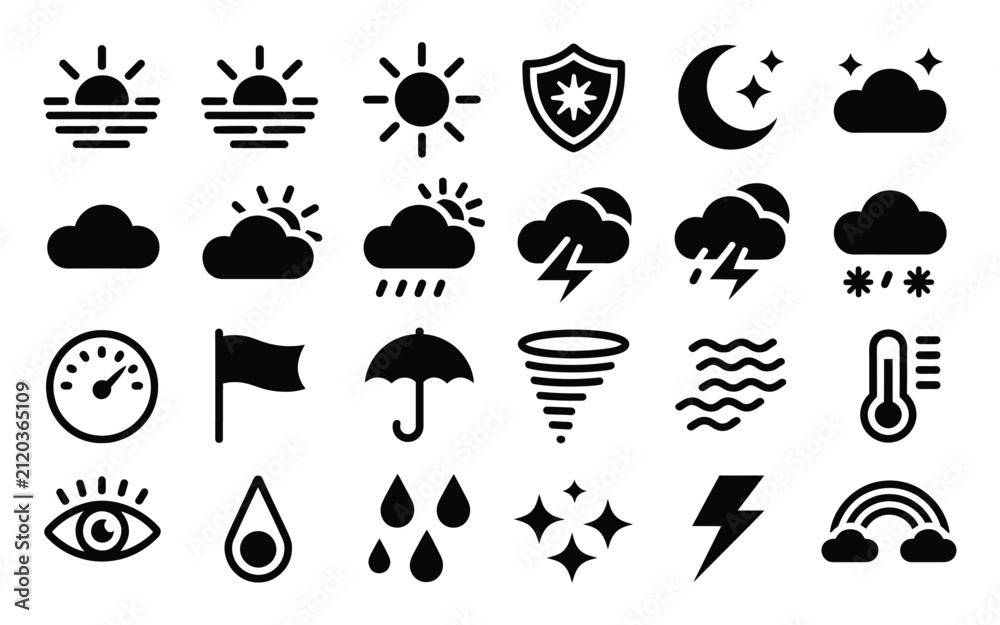 Naklejka premium Title 2: Weather forecast icons showcasing solid black symbols for sun, moon, clouds, rain, snow, storm, wind, lightning, temperature, eye, and stars.
