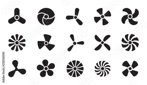 Картината върху платно Set of abstract fan icons, different rotating propellers, black silhouettes isolated