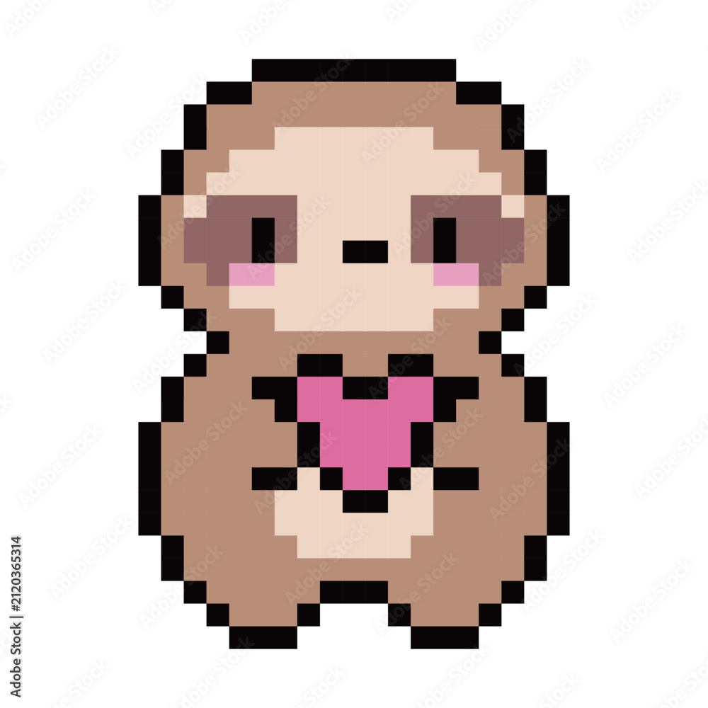 Fototapeta premium Cute Pixel Art Sloth Holding Pink Heart Vector Illustration