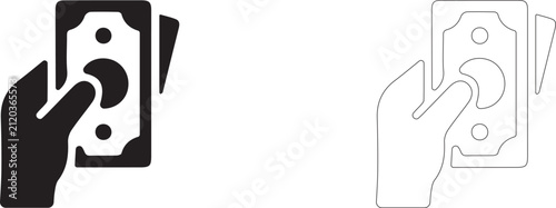 Konstfotografi Hand holding paper cash vector icon filled and outline, cash settlement and payout symbol