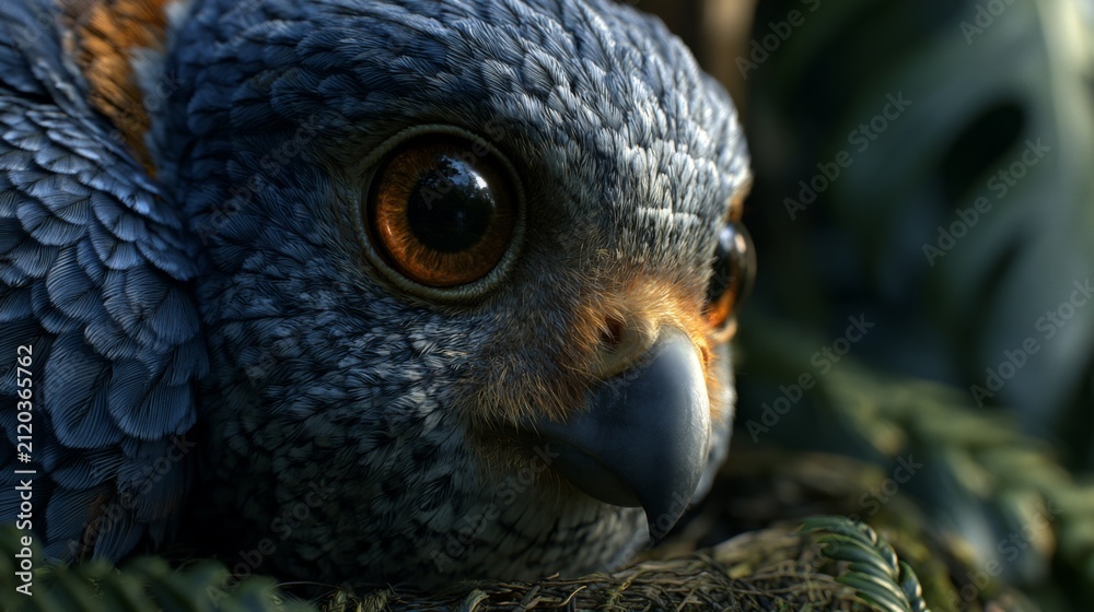 Obraz premium Close-Up of a Colorful Bird with Striking Eyes, Surrounded by Lush Greenery in a Natural Environment, Capturing the Beauty of Wildlife and Nature