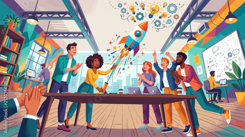 Diverse team celebrates successful startup launch with rocket symbolizing innovation and growth in modern office