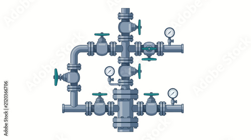 Industrial steel pipe system with plumbing valves and pressure gauges isolated on white background