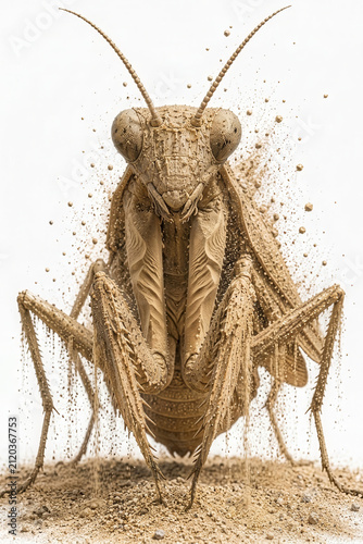 Surreal Praying Mantis Fused with Desert Sand – Hyperrealistic Front View Illustration