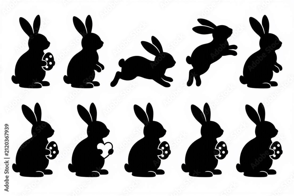 Obraz premium Black rabbit silhouette set. Easter bunny icons with eggs and hearts for spring designs.