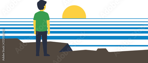 Man watching sunset over water on transparent background.