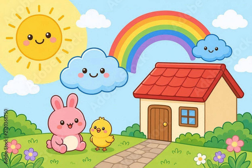Cute spring landscape with bunny and chick. Kawaii cartoon house scene with sun and rainbow.