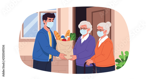 Friendly volunteer in medical mask delivers bag of fresh groceries to senior citizens at their home entrance.