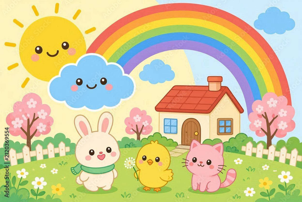 Fototapeta premium Cute spring landscape with animals. Cartoon bunny, chick and kitten in a sunny garden.