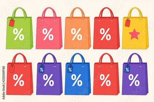Colorful shopping bags with discount signs. Retail sale icons for seasonal marketing campaigns.