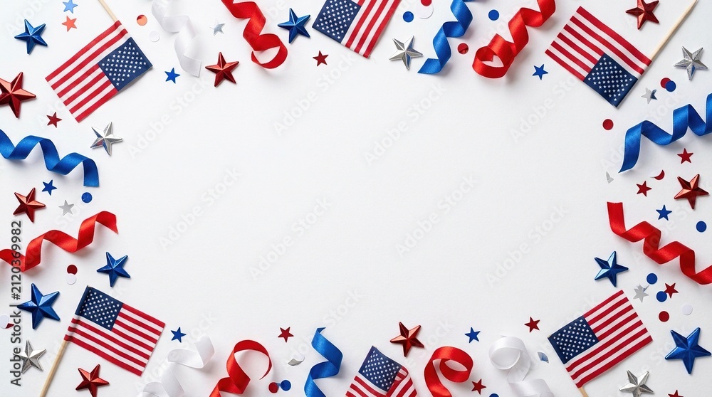 Fototapeta premium patriotic decorations scattered on white background with usa flags streamers and stars for fourth of july.