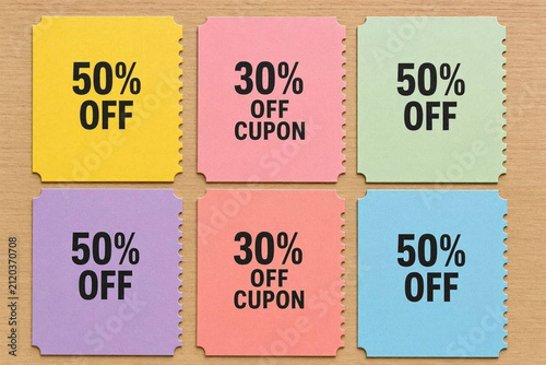 Set of colorful discount coupons. Retail sale vouchers with percentage off promotional offers.
