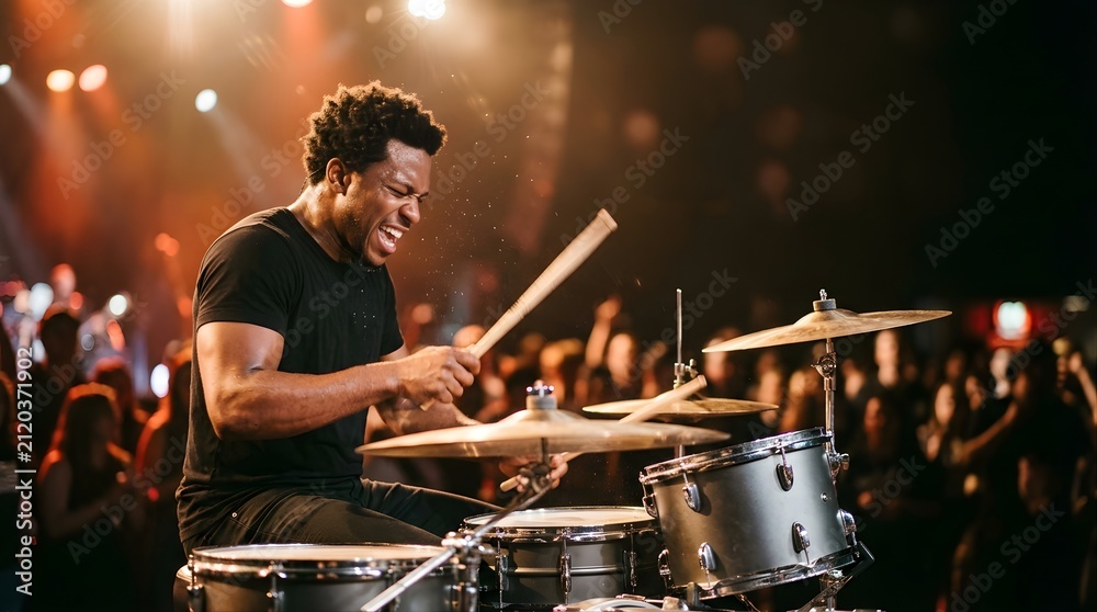 Naklejka premium Black male drummer performing energetic rock music on stage at a concert