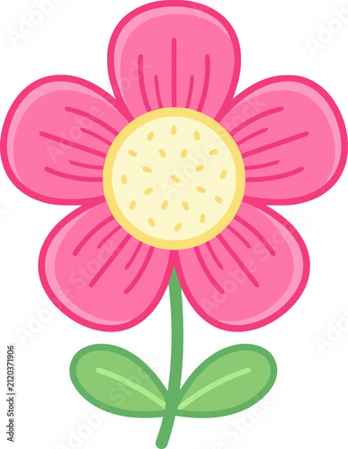 Colorful cartoon illustration of a pink flower with green leaves and yellow center isolated on white background, perfect for spring or summer themed designs and educational materials