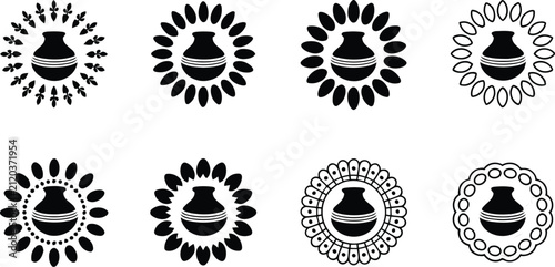 Black and White Vintage Style Pottery Vase Circular Pattern Designs with Floral Elements