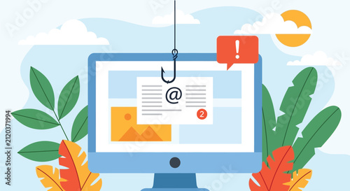 Foto Email phishing scam concept illustration with computer screen being hooked by attacker trying to steal private personal user data for cyber security threat prevention