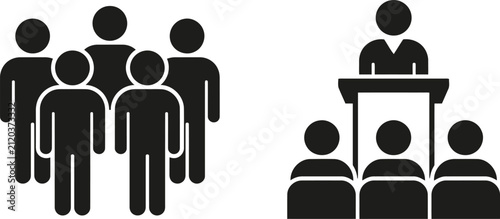 Foto Illustration of group of people standing together and speaker at podium addressi