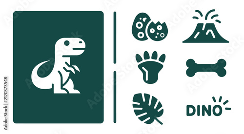 Quadro su tela Title 2: Dinosaur icons showcasing dark teal minimalist vector graphics with brontosaurus, fossil bone, footprint, prehistoric egg, volcano, and leaf elements