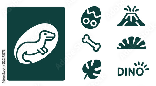 Fotografía Title 1: Dinosaur icons featuring minimalist dark teal flat vector illustrations with brontosaurus, prehistoric egg, footprint, fossil bone, volcano, leaf, and text